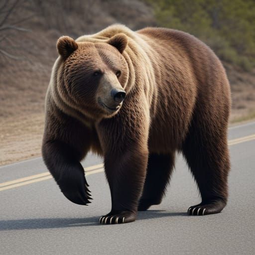 Majestic Brown Bear Commands the Road in Intense Portrait