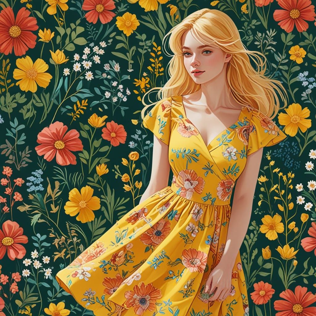 Anime Portrait of a Young Woman Walking in a Vibrant Meadow