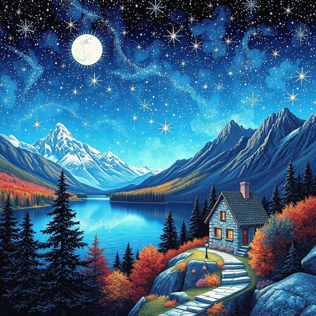 Ethereal Pointillist Masterpiece Captures Moonlit Landscape