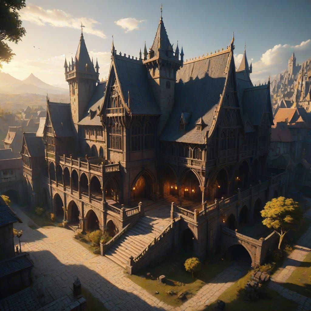 Medieval Gothic Palace in Warm Sunlight with Dramatic Shadow...