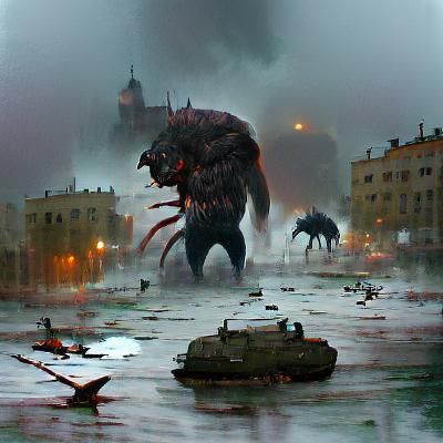 Giant Mutated Creatures Clash in Destroyed City