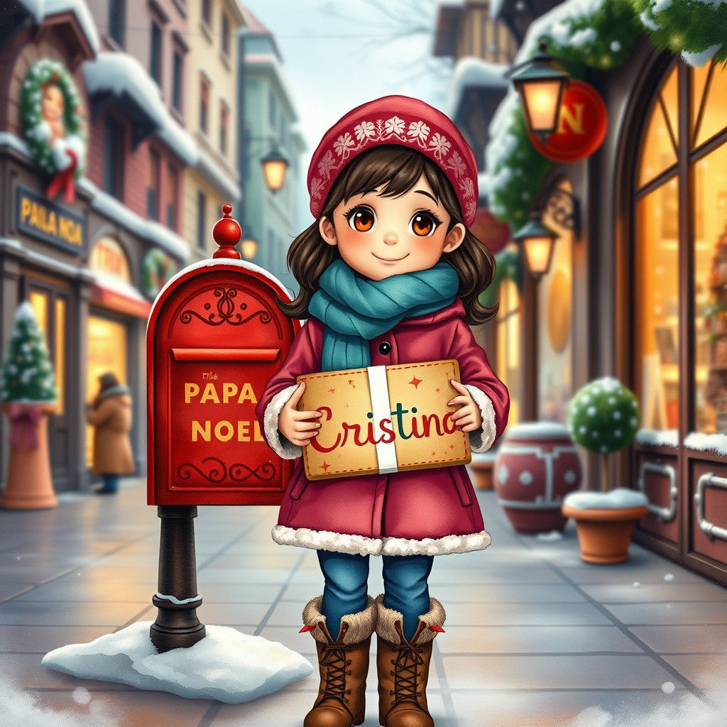 Girl with Package: Watercolor Winter Cityscape