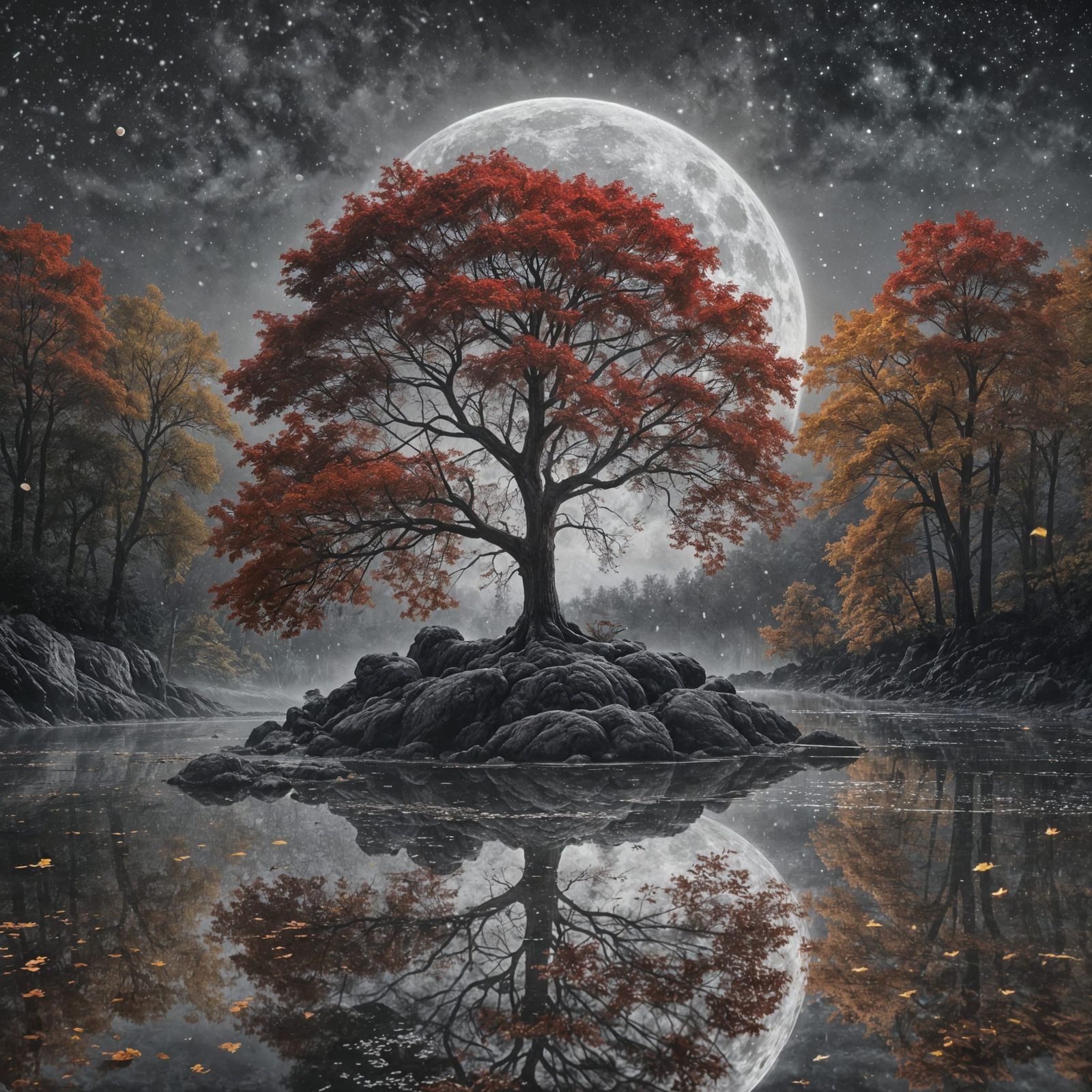 Monochromatic Autumn Moon Over Floating Island
