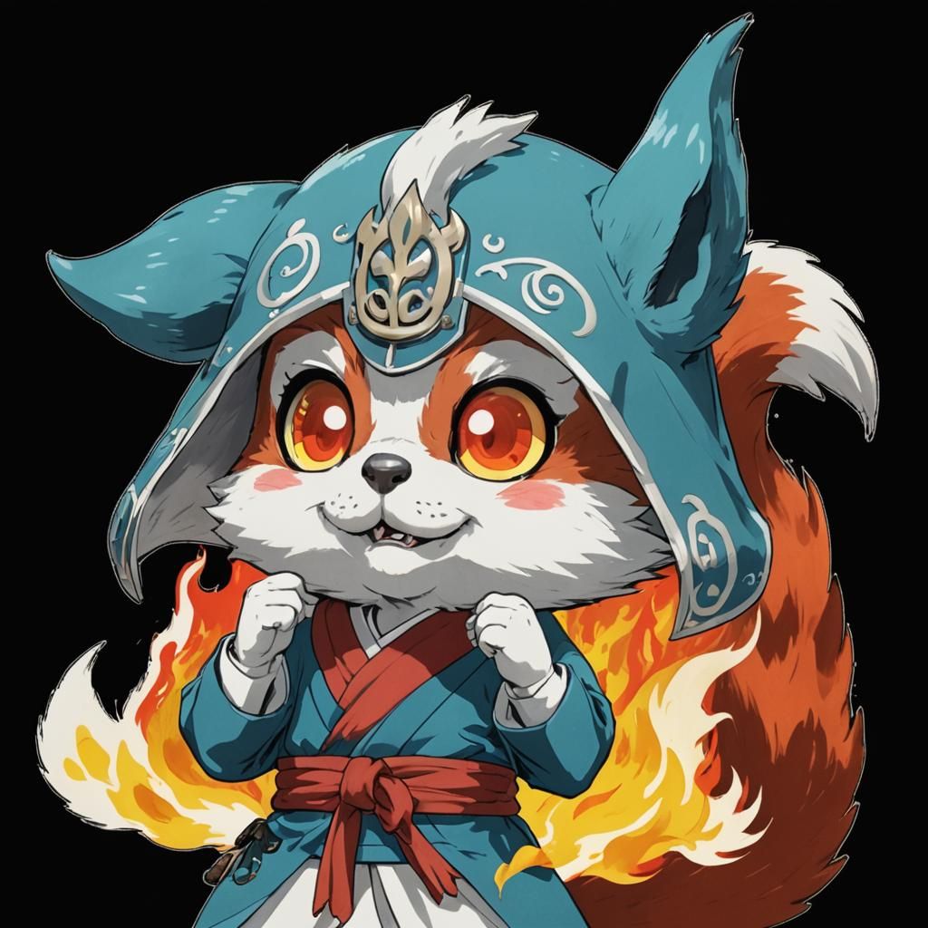 Squirrel Youkai with Fire Tails in Kawaii Style