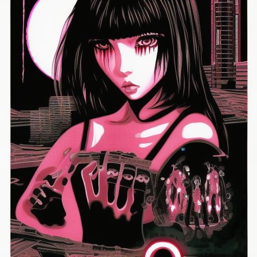 Creepy Horror Girl in Cyberpunk Neon Style
