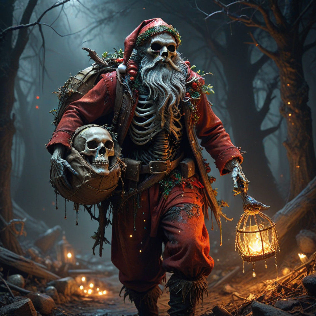 Skeletal Santa Claus in Tattered Red Suit with Threadbare Sa...