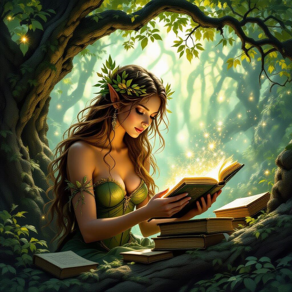 Mystical Dryad Tending Glowing Tomes in Hidden Grove