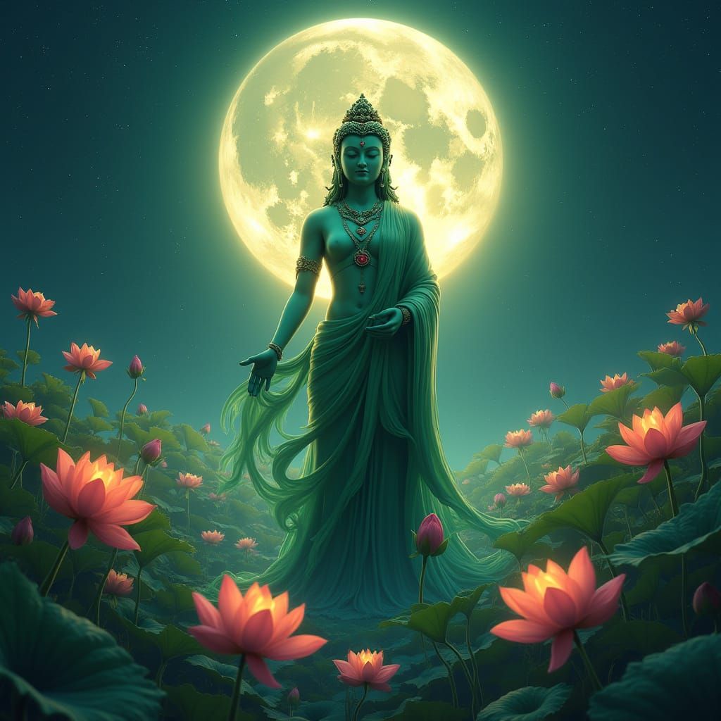 Majestic Green Tara in Vibrant Garden Setting