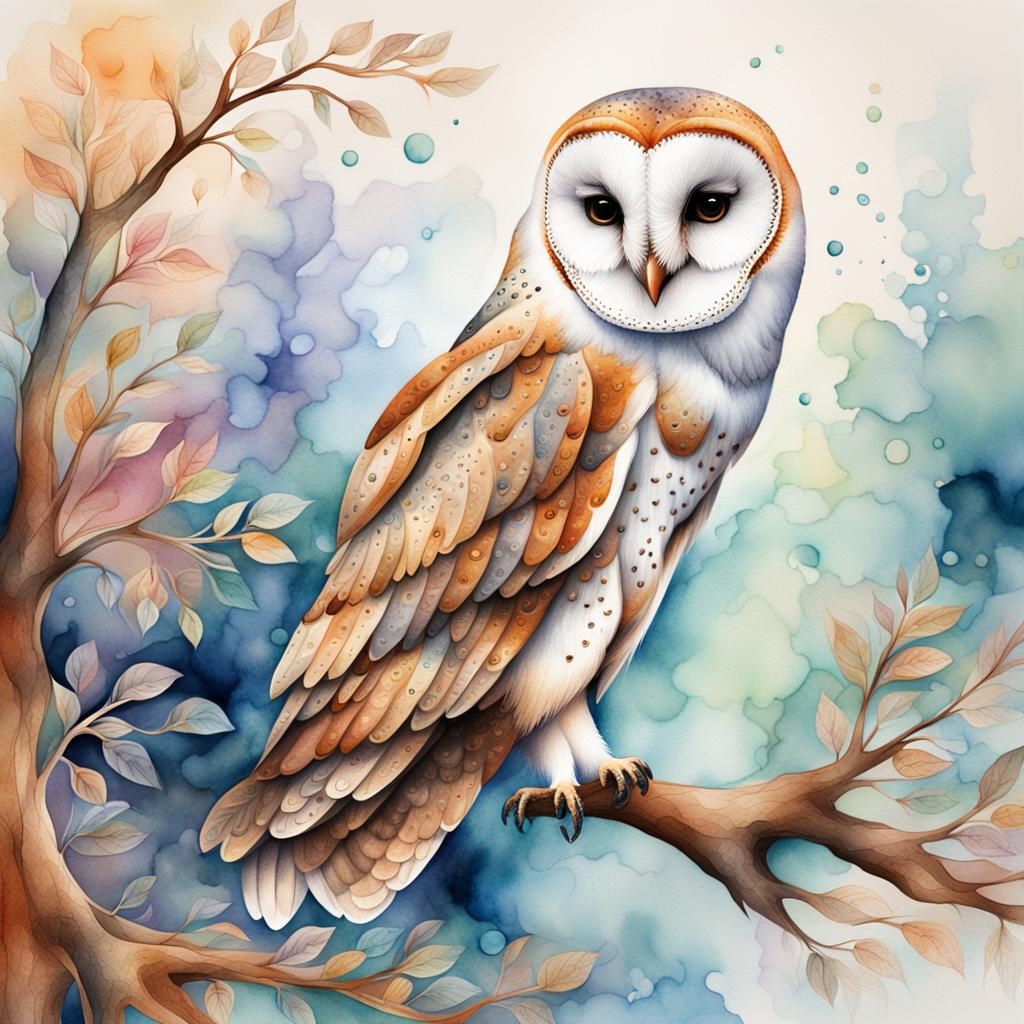 Barn Owl Portrait with Zentangle, Watercolour Illustration