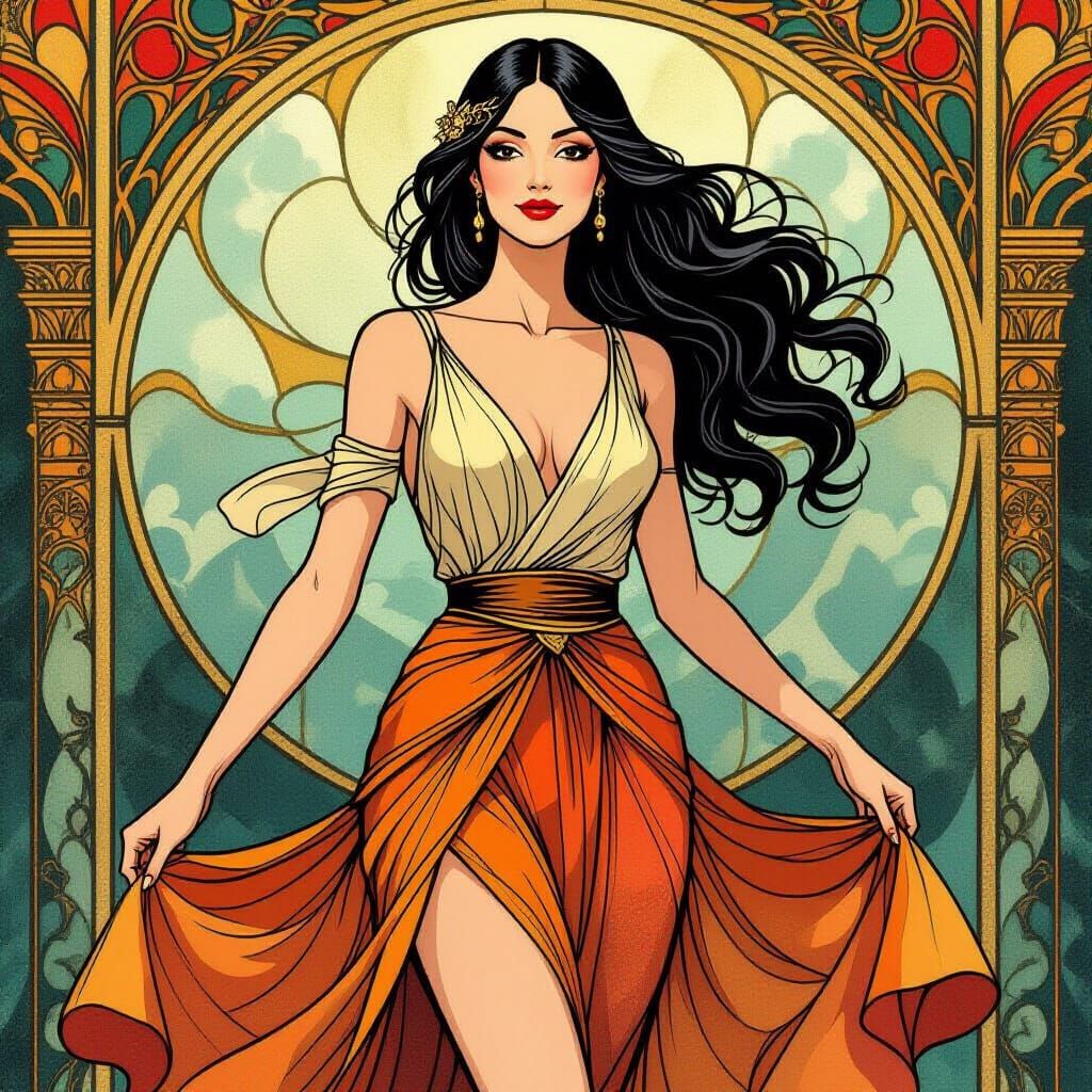 Art Deco Woman With Long Hair In A Skirt