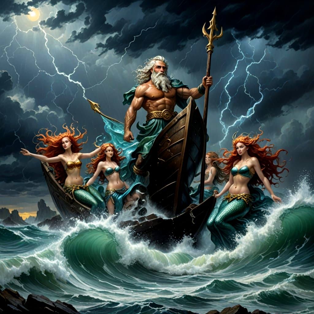 Neptune and Mermaids in a Dramatic AI-Generated Storm