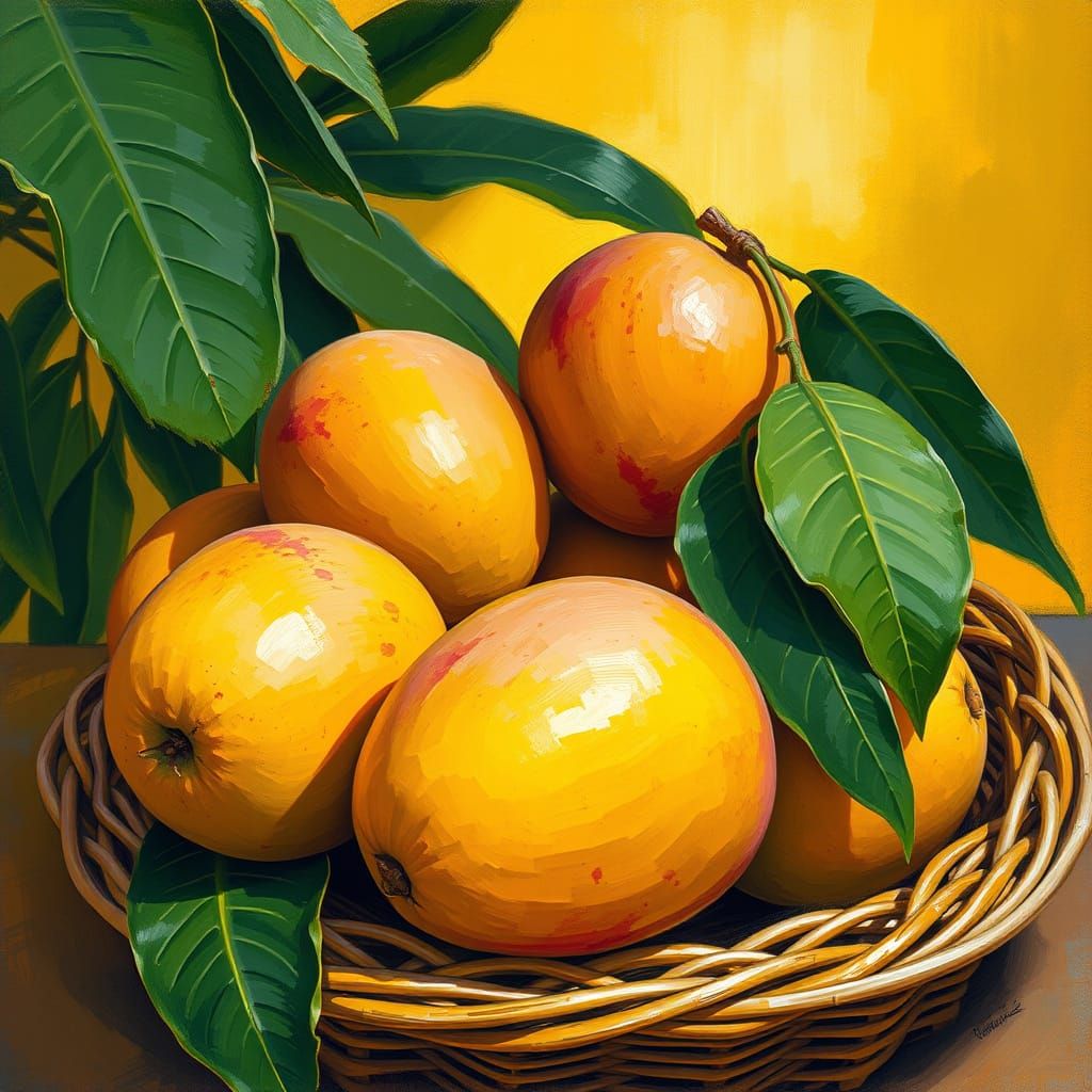 Vibrant Tropical Still Life with Juicy Mangoes in Impression...