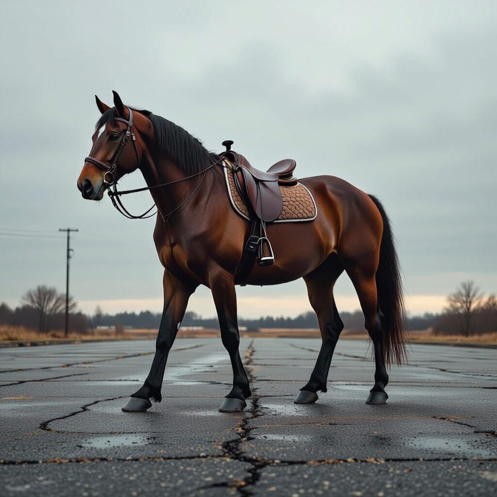 Thoroughbred Horse in Desolate Parking Lot