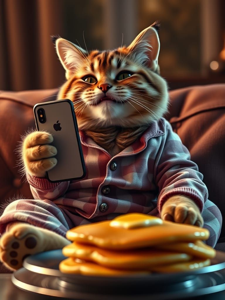 Cute Cat in Pajamas Surfs Social Media on Couch with Pancake...