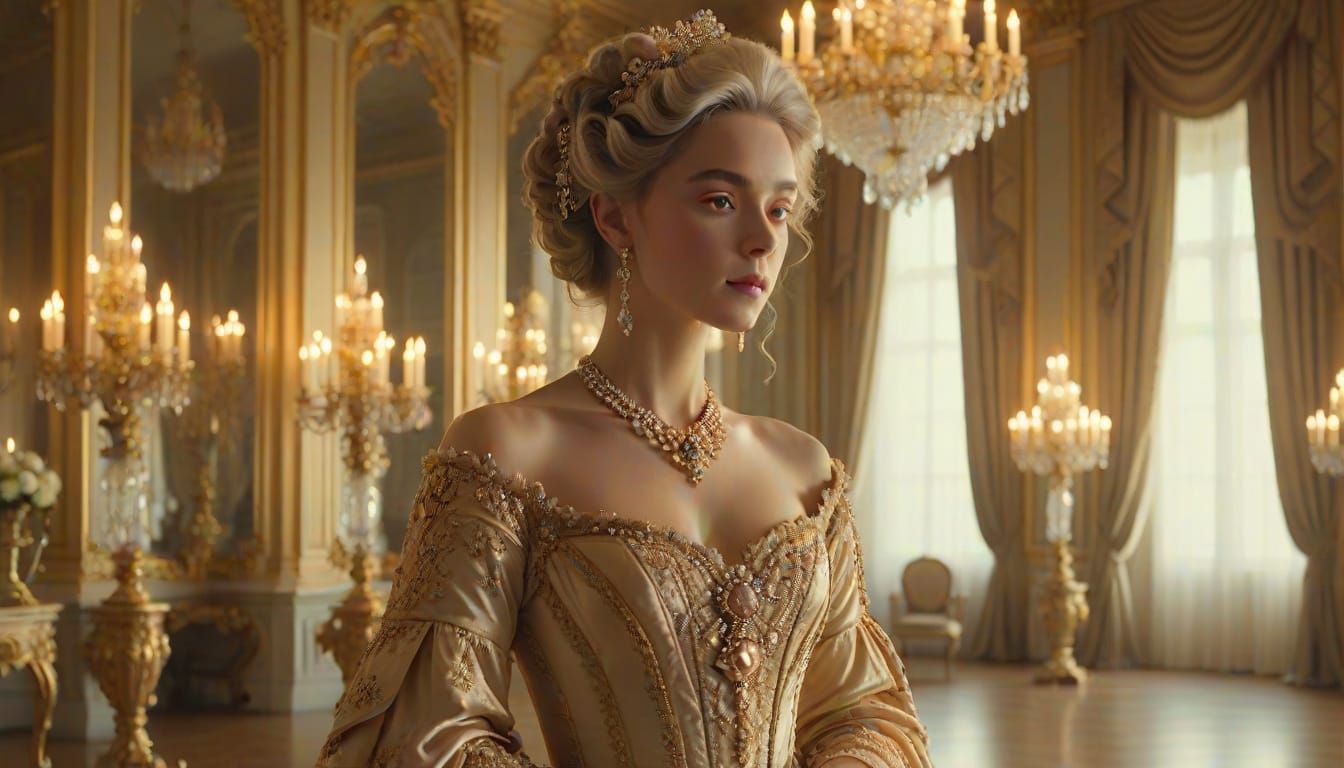 Elegant Woman in Grand Ballroom, Rococo Style