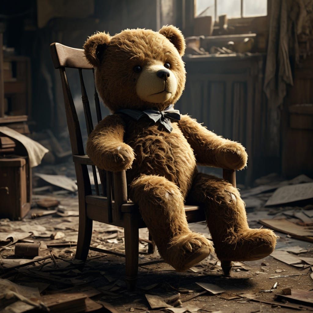 Sad Teddy Bear in Dusty Attic: Digital Painting