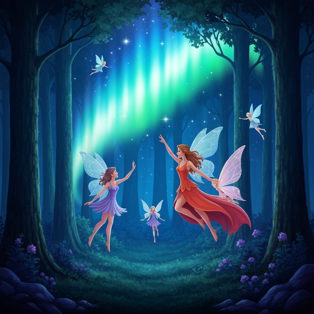 Celestial Aurora Jubilee: Fairies Dance in Enchanted Forest