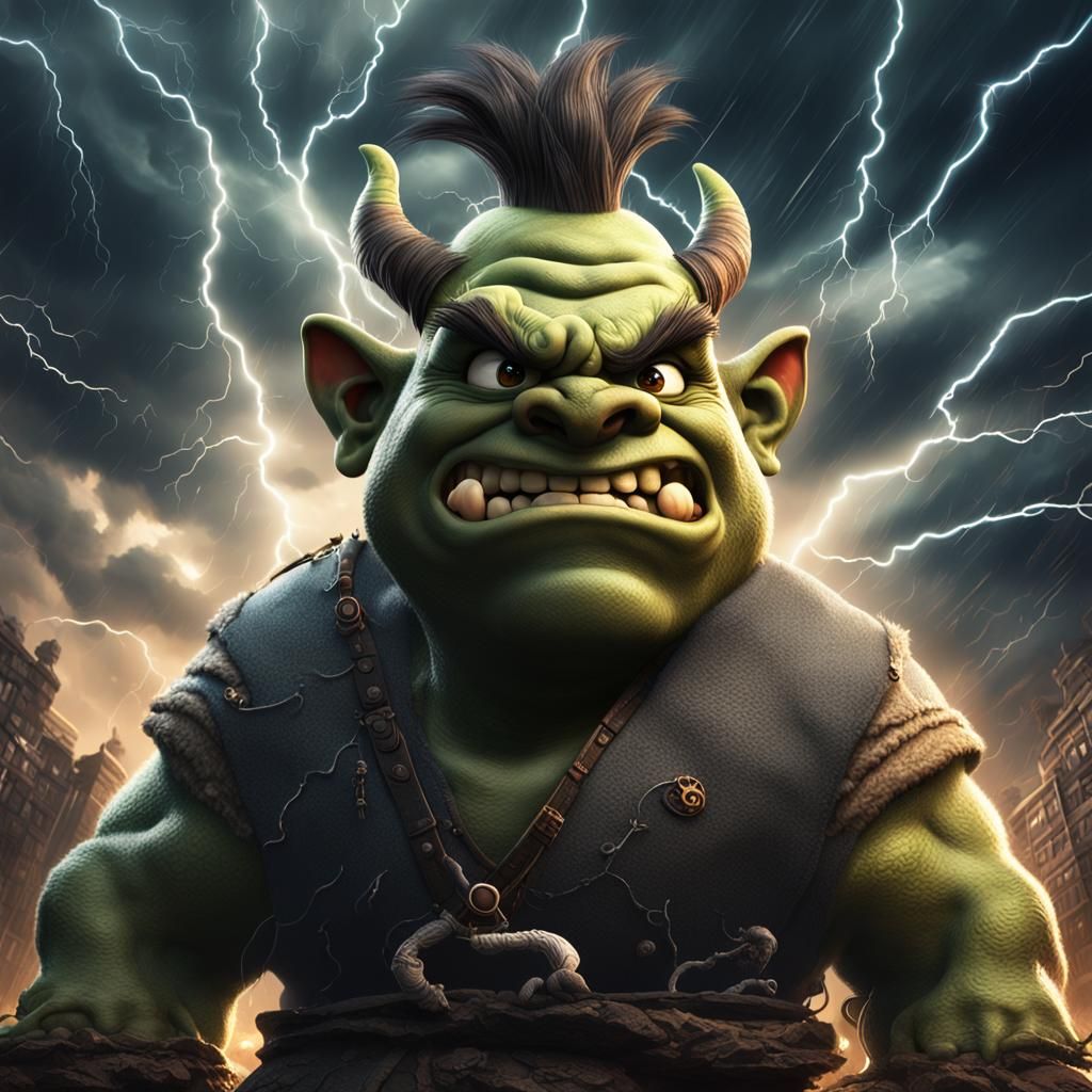 Aggressive Ogre with Topknot in Dark Fantasy Style