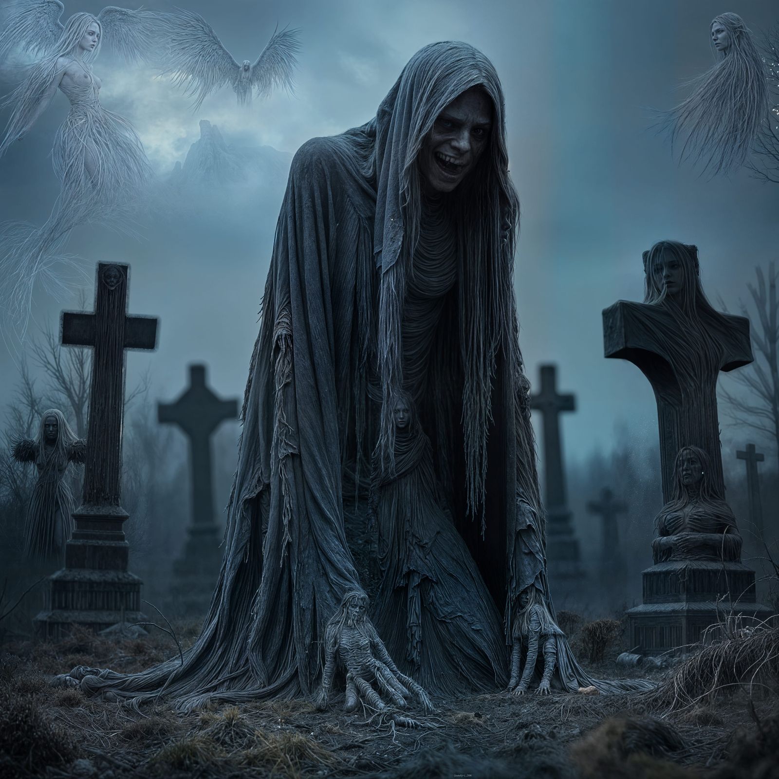 Terrifying Ghost Monster in Windswept Graveyard