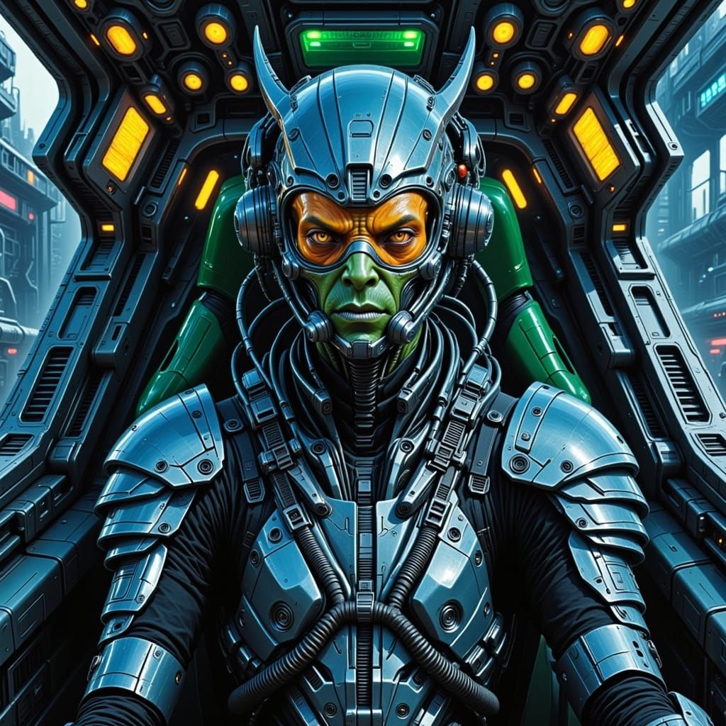 Cyberpunk Alien Starfighter Pilot in Neon-Lit Spacecraft