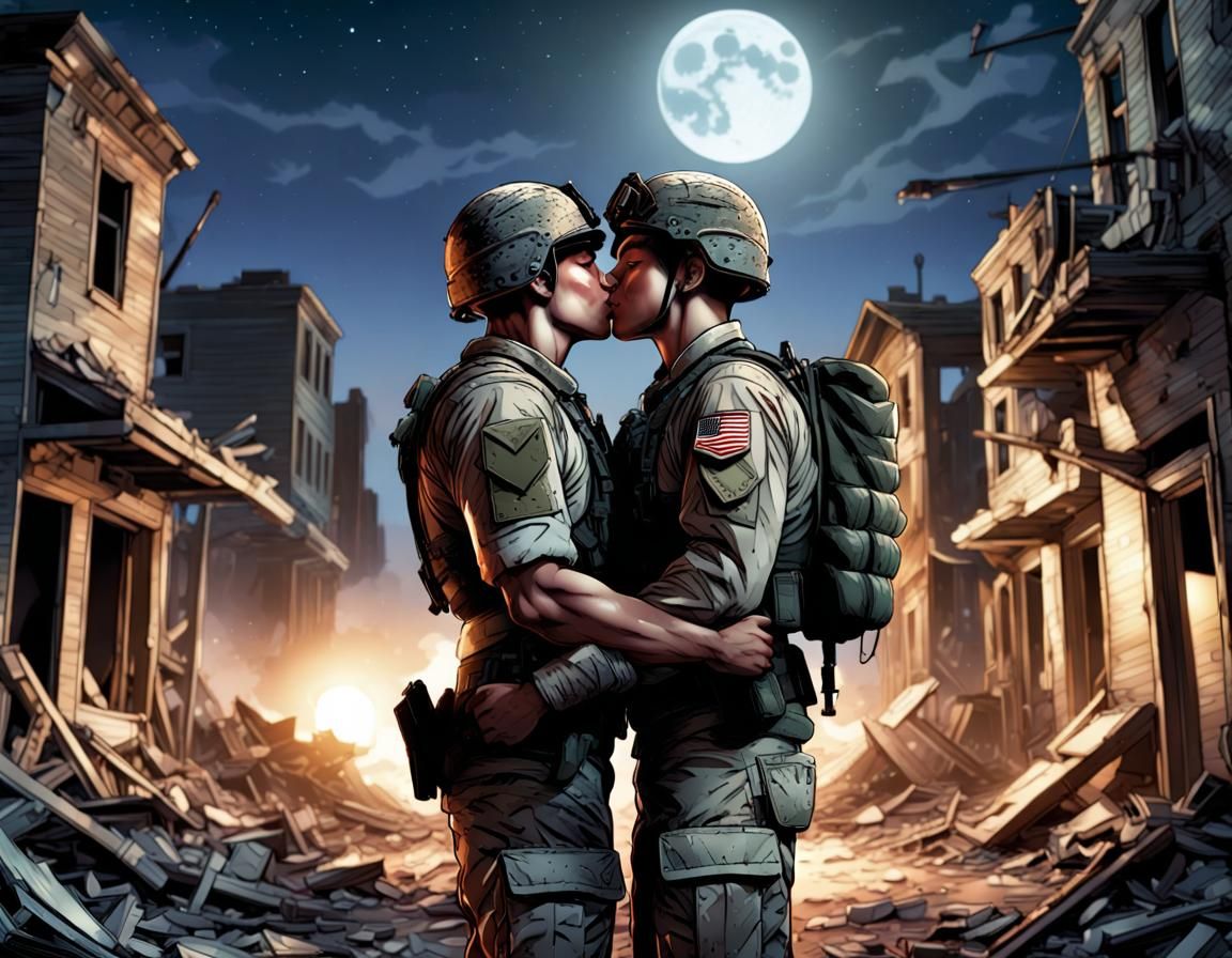 Gay soldier kissing at night
