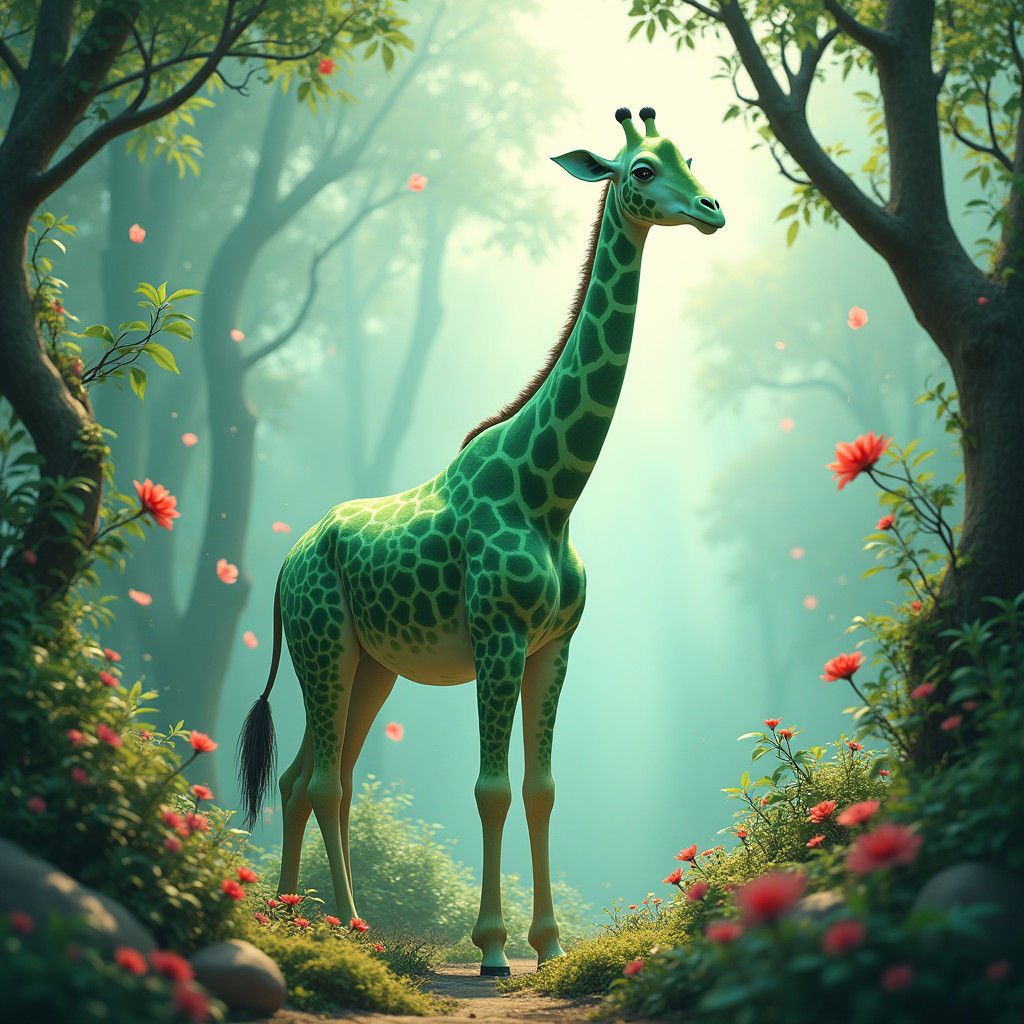 Green Giraffe in Dreamlike Fantasy Landscape