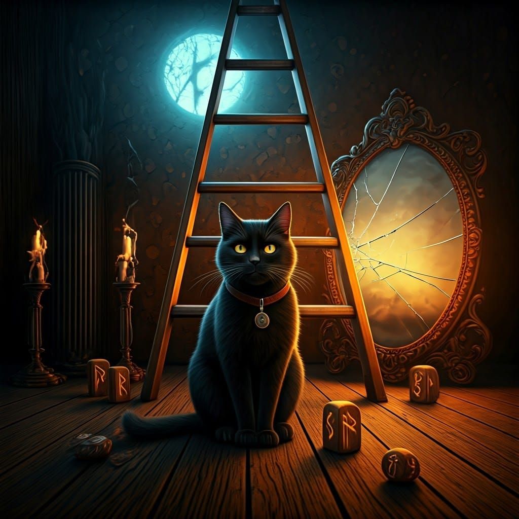 Ominous Black Cat Under Ladder in Mystical Night