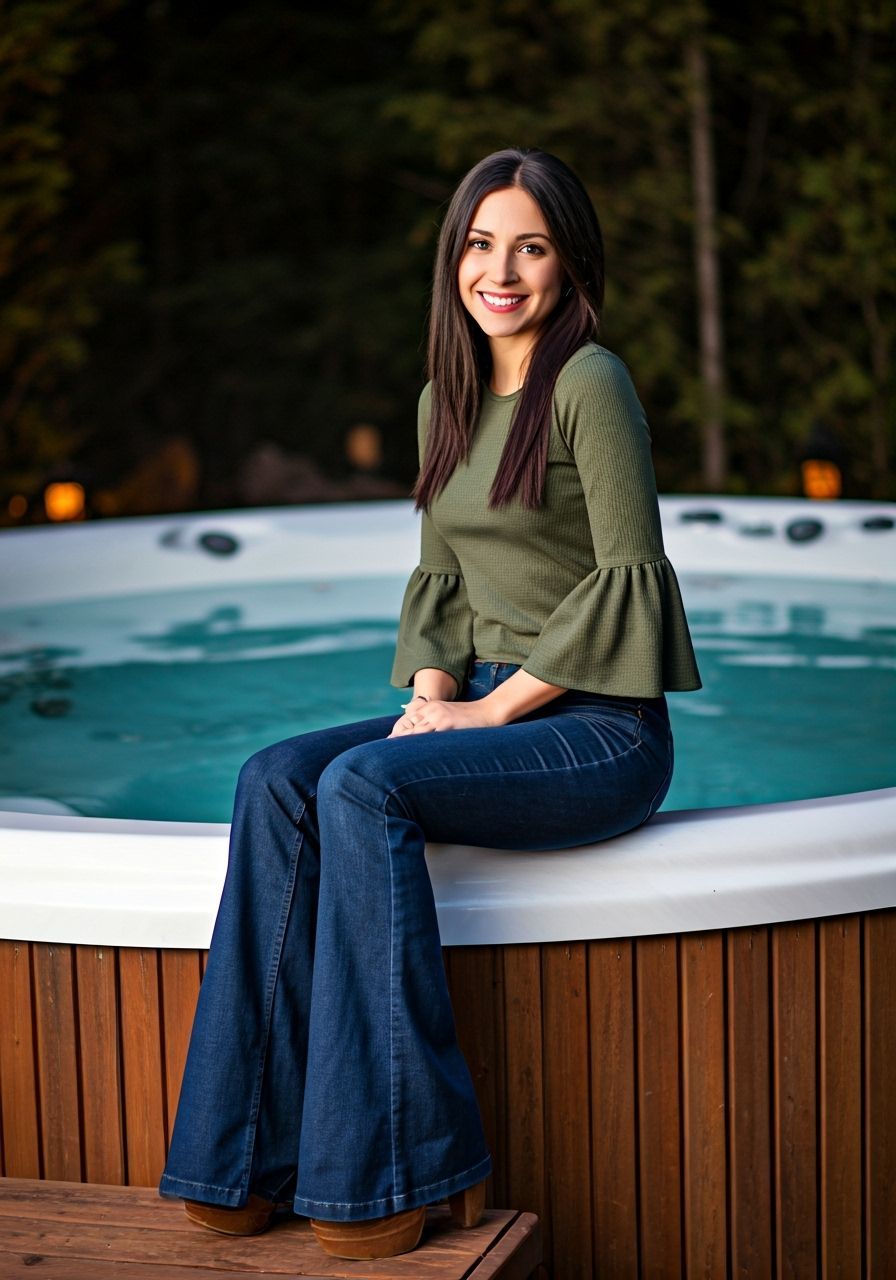 Brunette in Flared Jeans Relaxes by Hot Tub