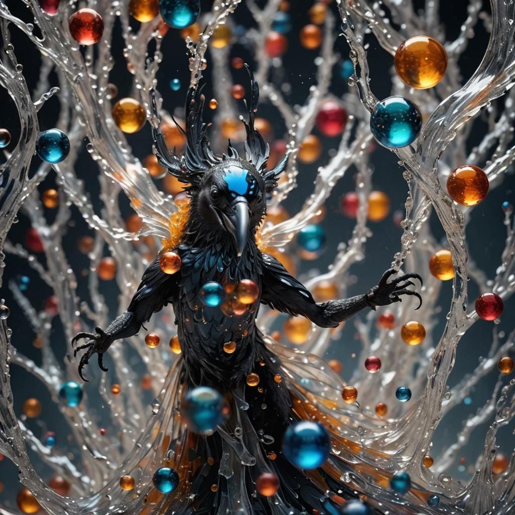 Translucent Raven Made of Liquid Fractals