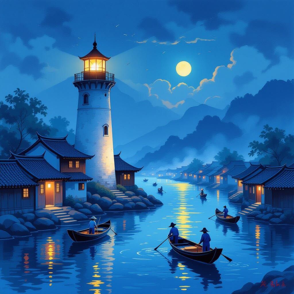 Chinese Lighthouse Illuminates Fishing Village at Night