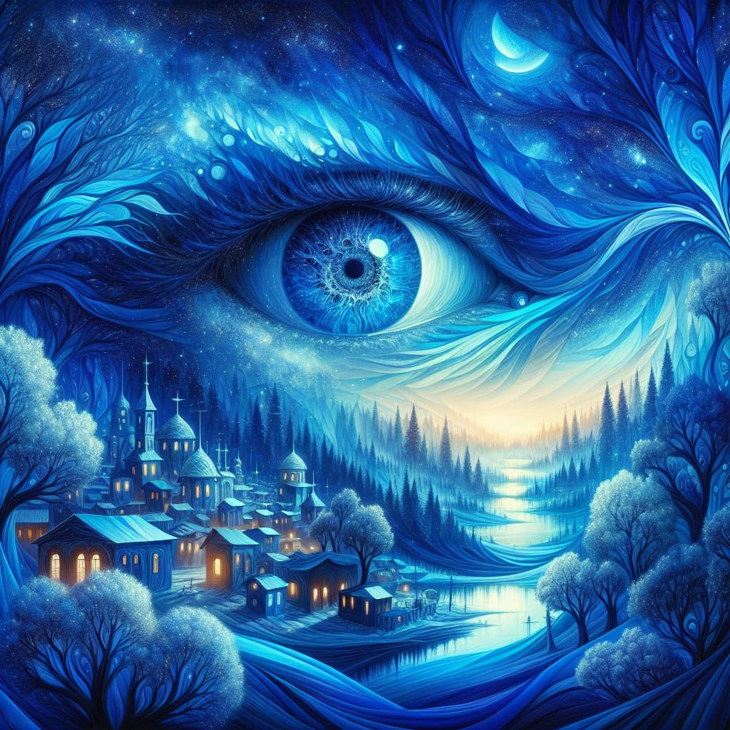 Surreal Blue Landscape with Crystalline Blue Eyes