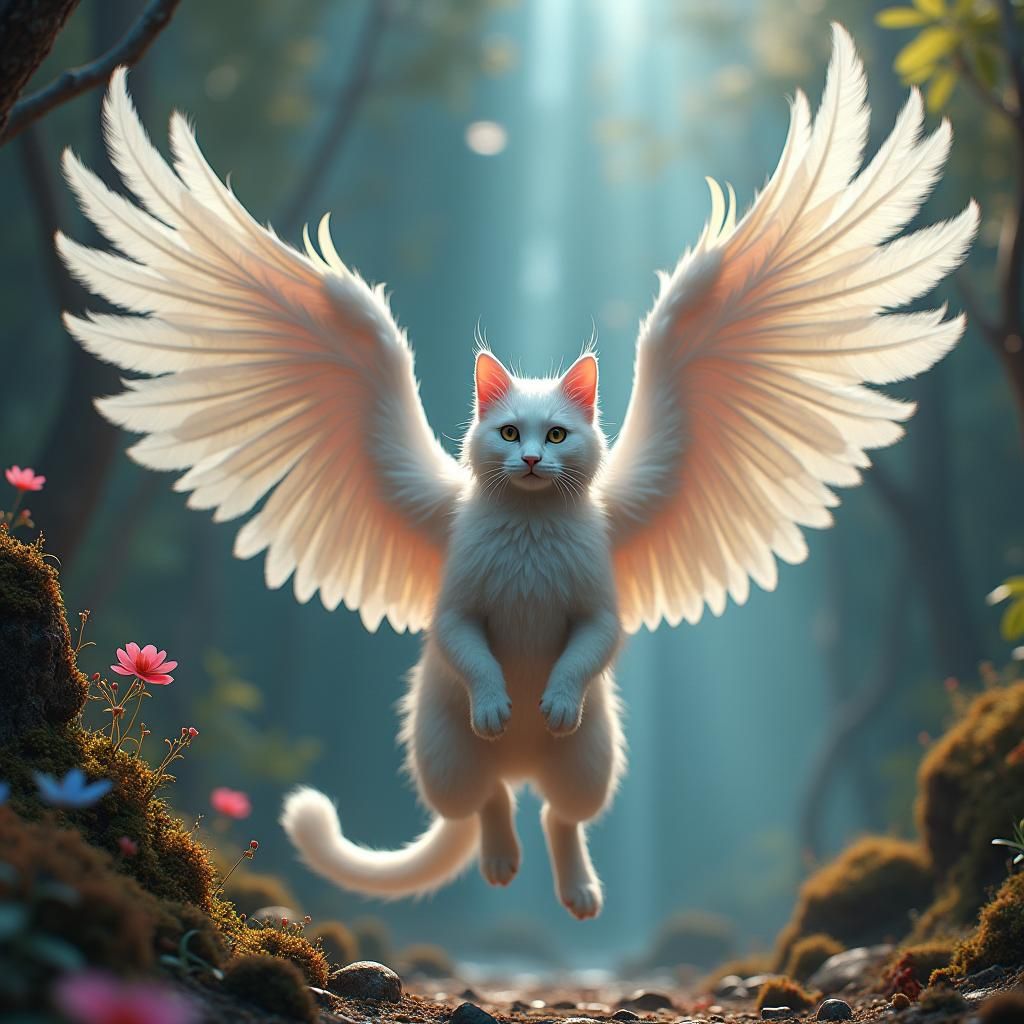 Majestic White Cat with Wings in Fantasy Realm