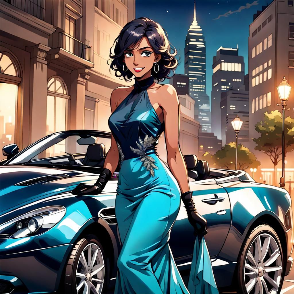 Anime Portrait: Woman in Peacock Dress at Night