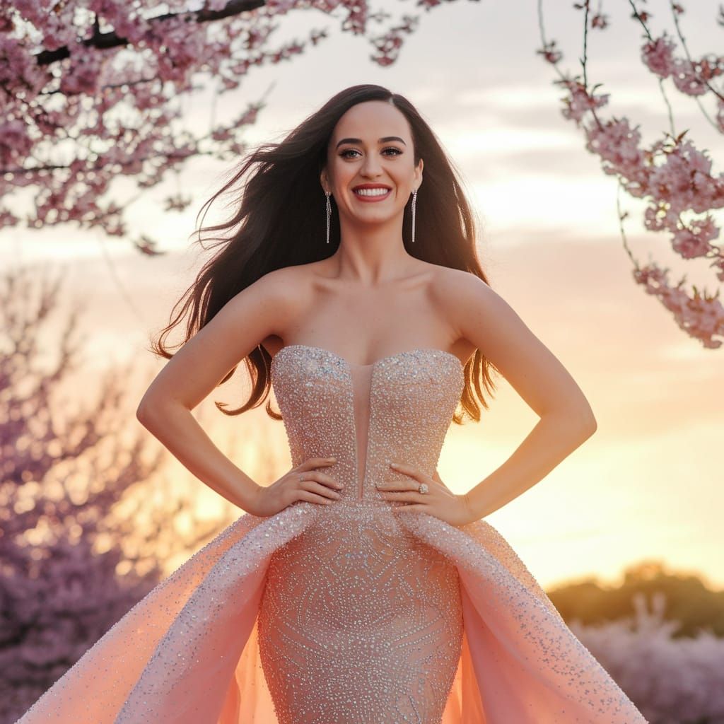 Confident Pop Star Surrounded by Vibrant Cherry Blossoms