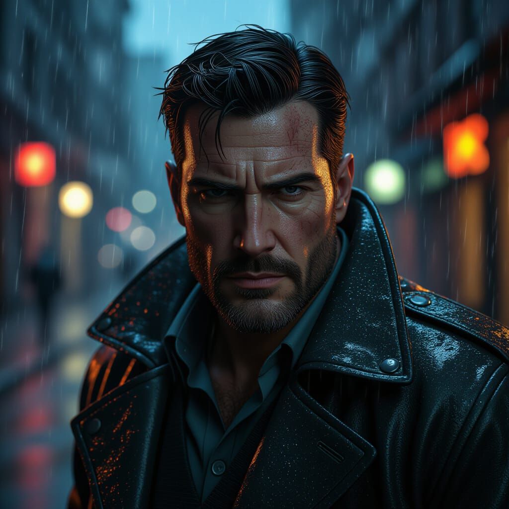 Gritty Detective Portrait in Neo-Noir Style
