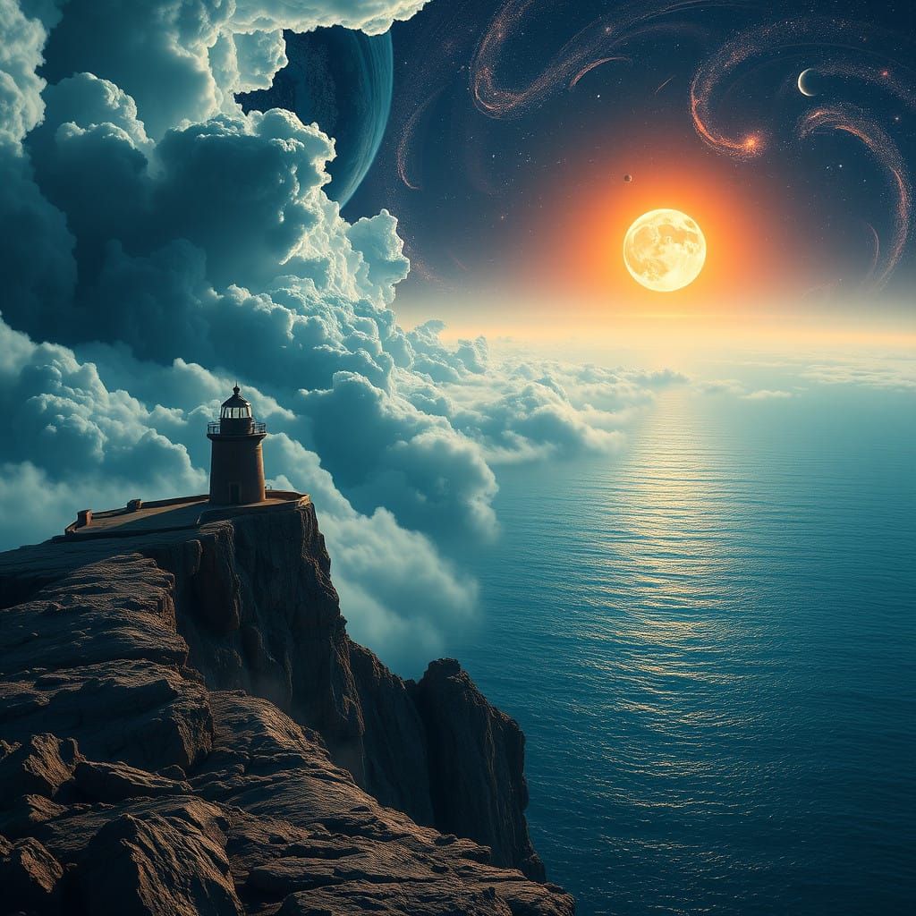 Majestic Lighthouse on a Celestial Cliffside
