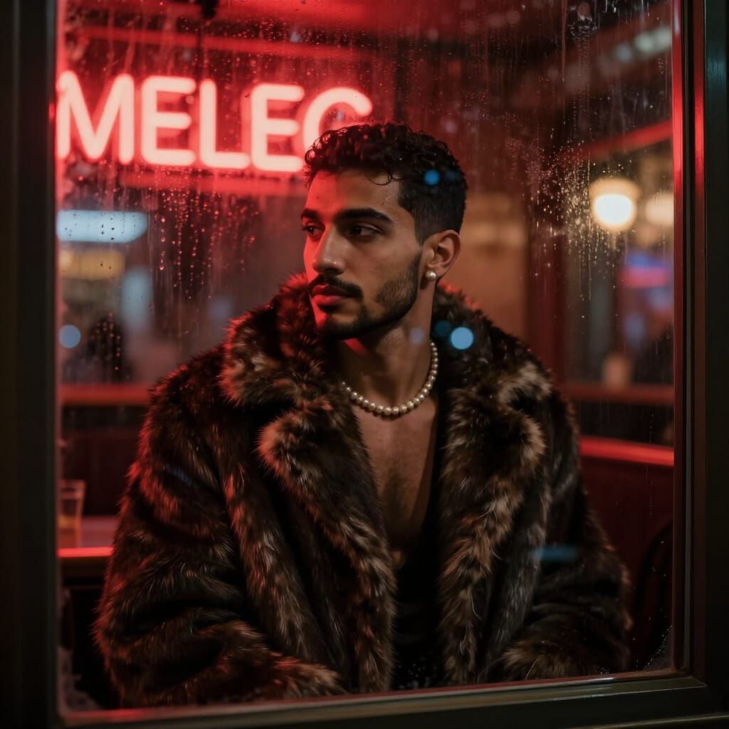Cinematic Night Portrait Through Fogged Bar Window