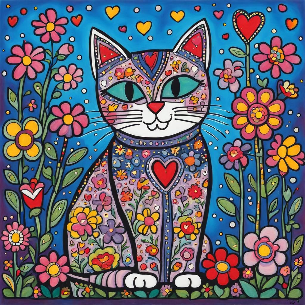Cute Cat with Flowers in Pop Art Style