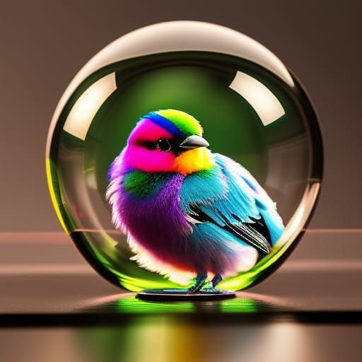 Cute Fuzzy Bird in Glass Sphere, 3D Digital Art