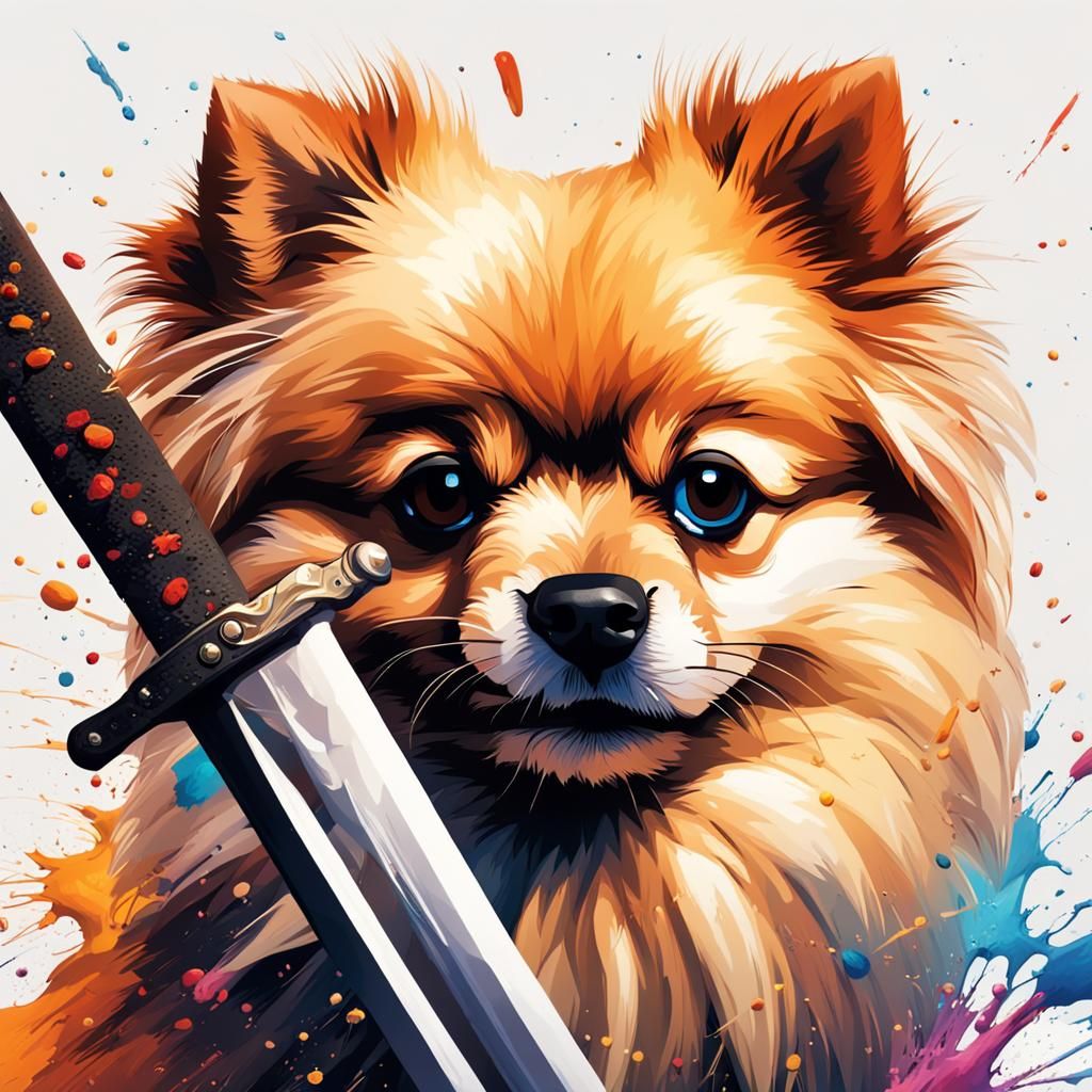 Pomeranian Pekingese Dog Hero with Sword