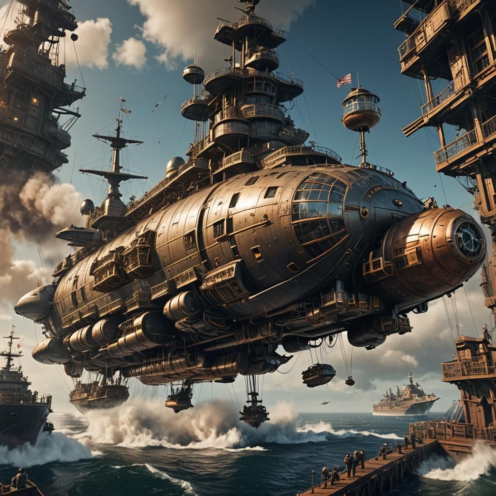 Steampunk Military Aircraft Carrier Airship in Detailed Matt...