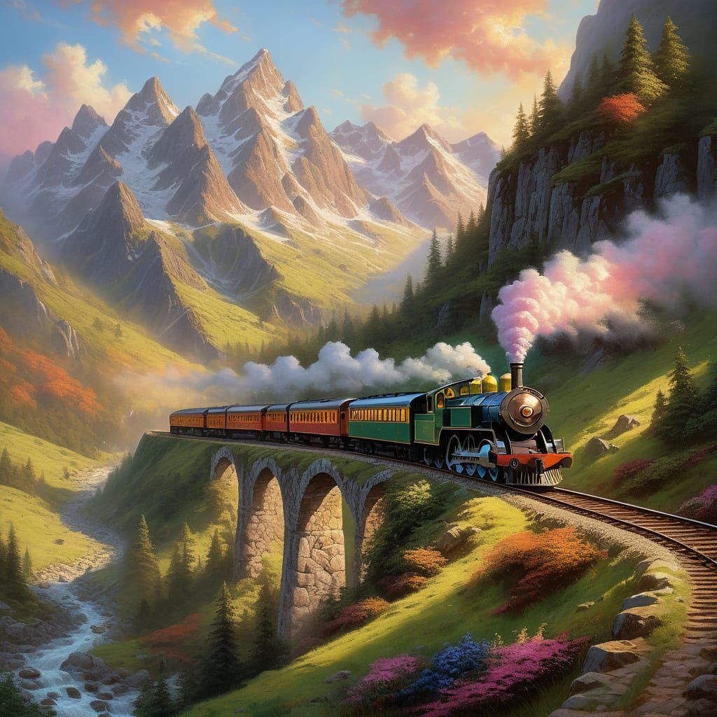 Spectacular Train Journey Through Majestic Alps in Warm Gold...