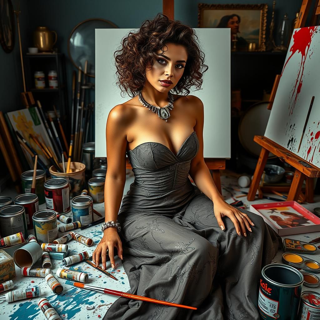 Beautiful Woman Surrounded by Art Supplies: Digital Art