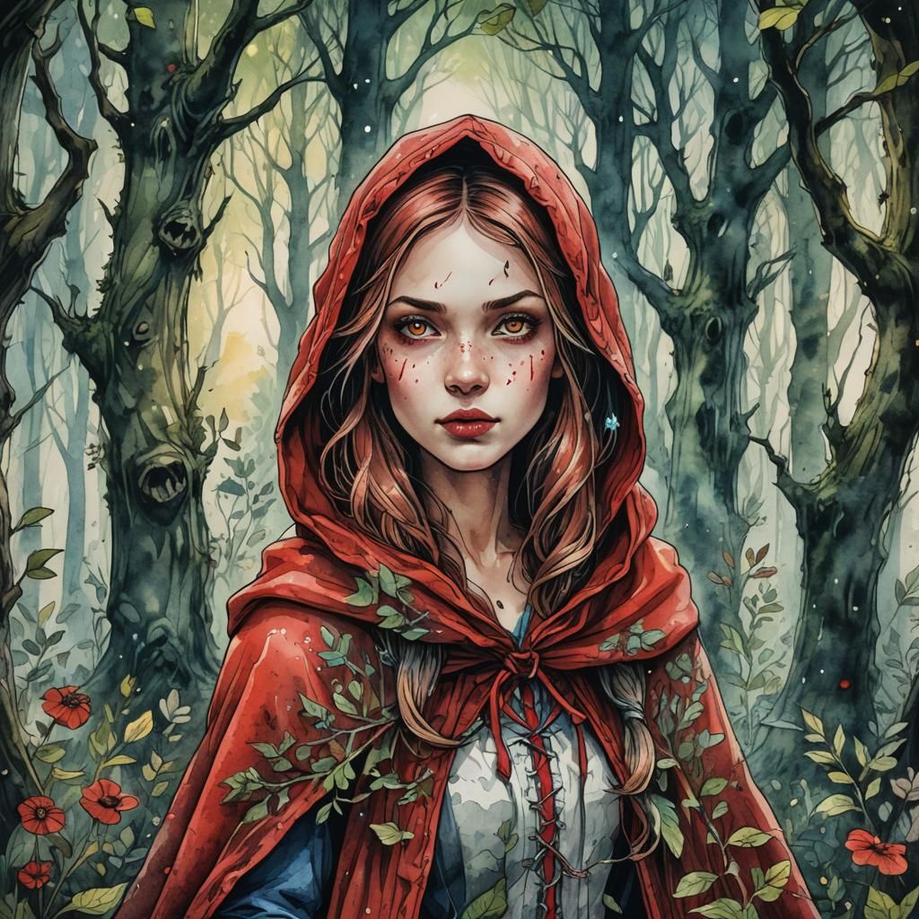 Little Red Riding Hood in Enchanted Forest, Watercolour Art