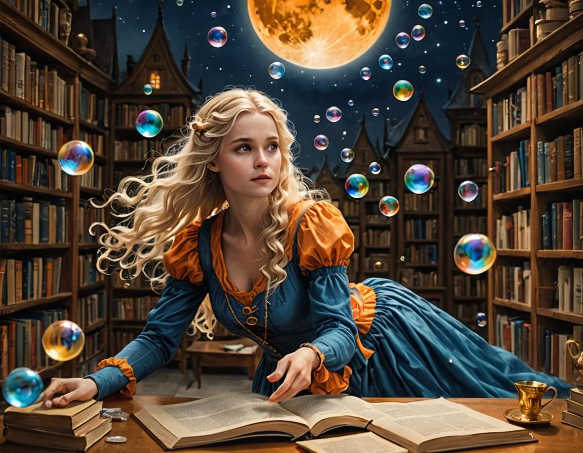 Elf Woman Dancing with Bubbles in Ethereal Room