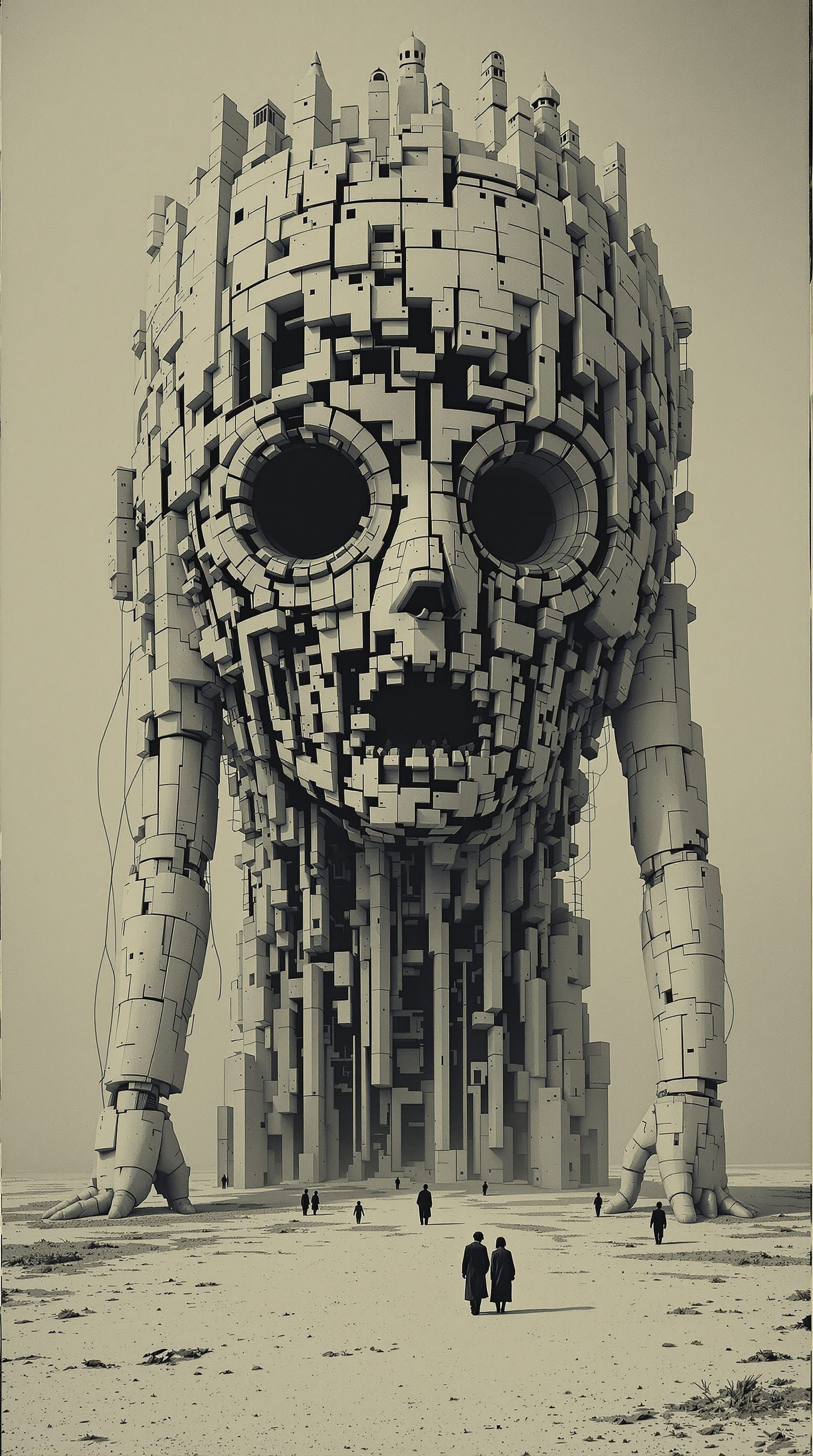 Giant Mechanical Man in Desolate Cityscape, Atomic Age Style