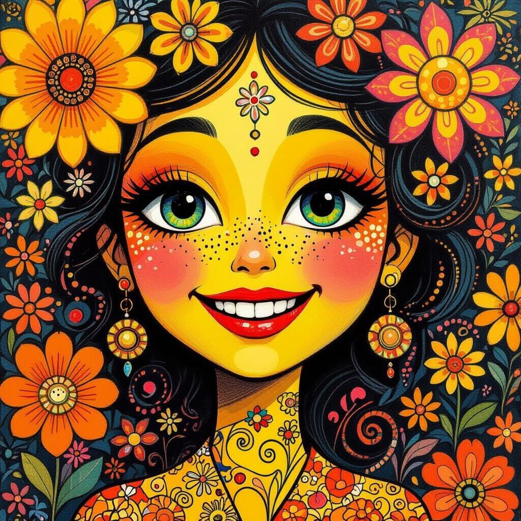 Smiling Face in Whimsical Pop Art Style