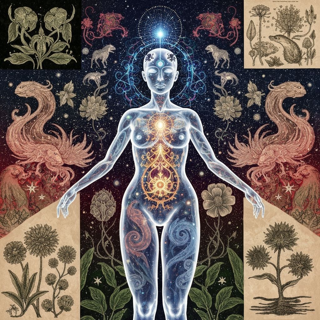 Ethereal Bioluminescent Figure Dancing with Earth and Moon