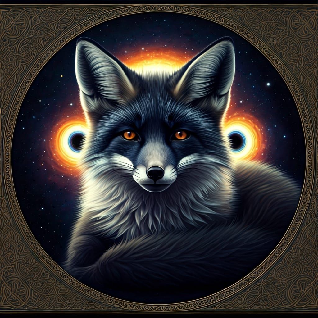 Fluffy Black Fox in Space: Pre-Raphaelite Painting