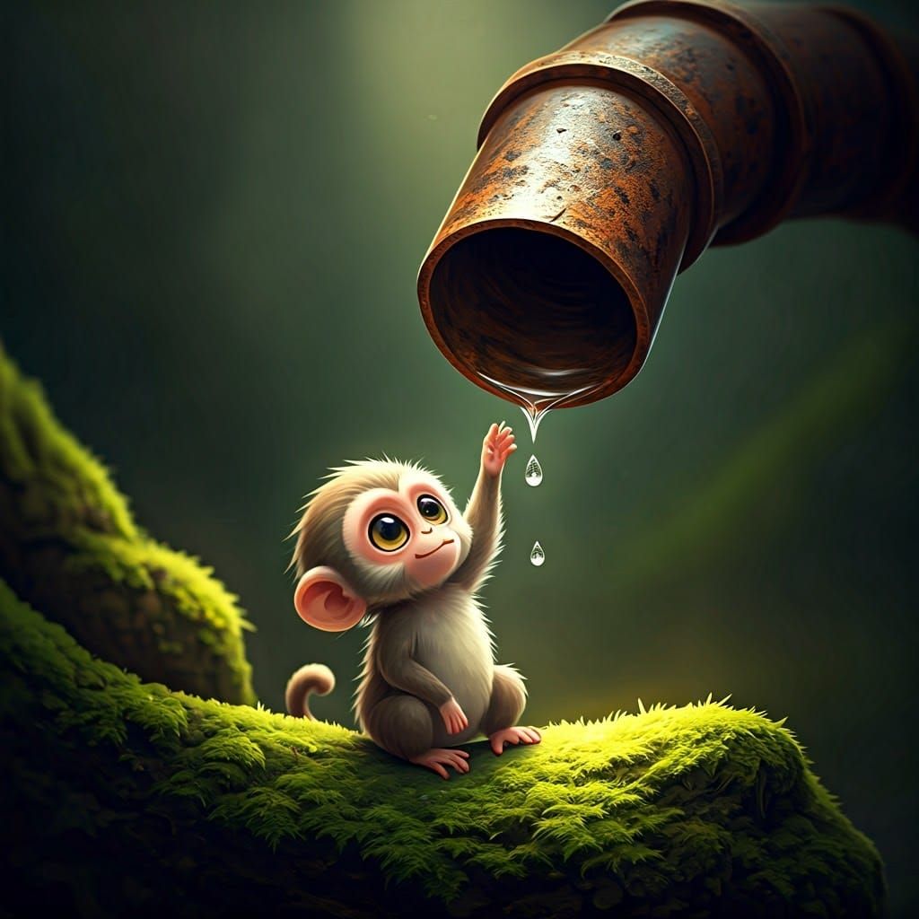 Whimsical Chibi Monkey Seeks Refreshment in Earthy Atmospher...